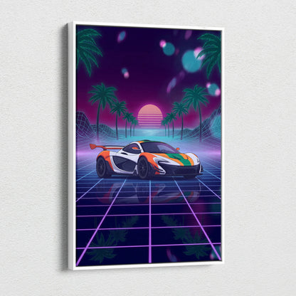 McLaren P1 Inspired Orange White Canvas Wall Art, Neon Vaporwave Supercar Artwork for Garage Decor