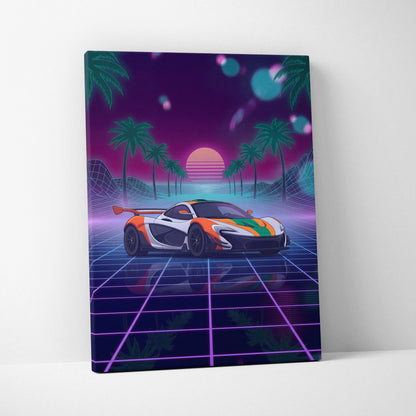 McLaren P1 Inspired Orange White Canvas Wall Art, Neon Vaporwave Supercar Artwork for Garage Decor