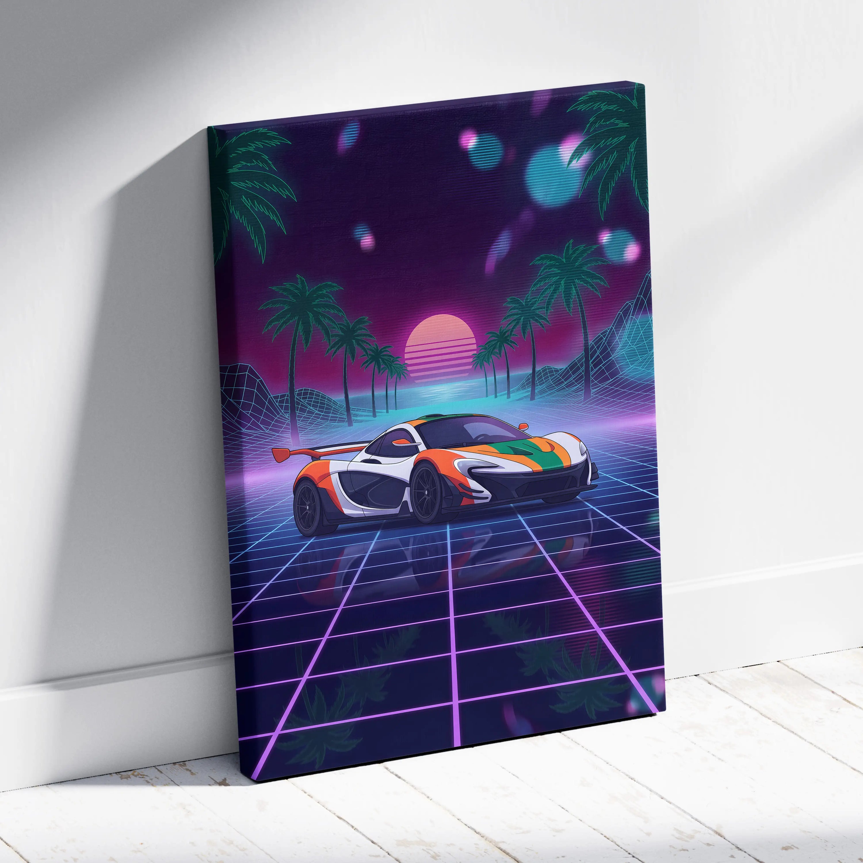 McLaren P1 Inspired Orange White Canvas Wall Art, Neon Vaporwave Supercar Artwork for Garage Decor