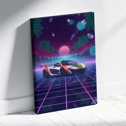 McLaren P1 Inspired Orange White Canvas Wall Art, Neon Vaporwave Supercar Artwork for Garage Decor