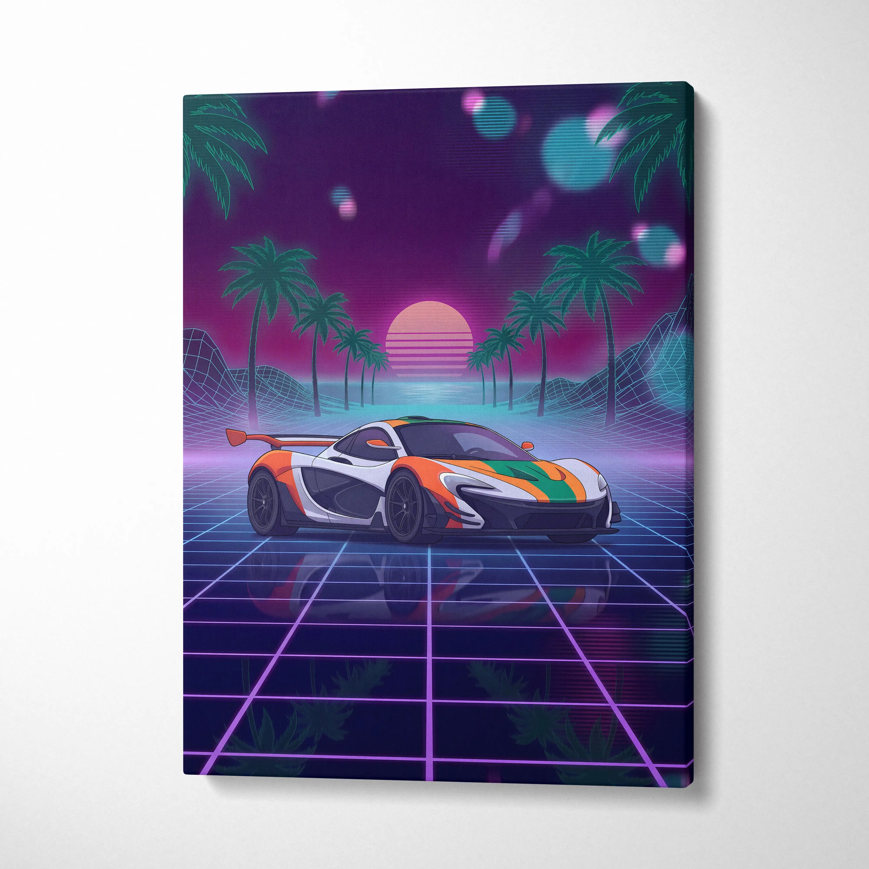 McLaren P1 Inspired Orange White Canvas Wall Art, Neon Vaporwave Supercar Artwork for Garage Decor