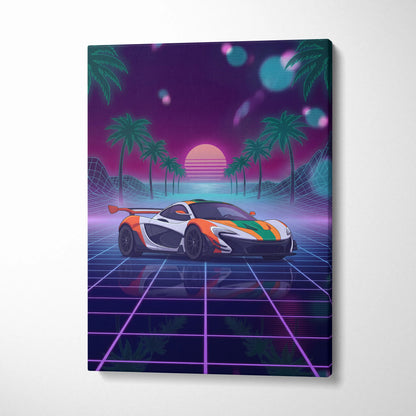 McLaren P1 Inspired Orange White Canvas Wall Art, Neon Vaporwave Supercar Artwork for Garage Decor