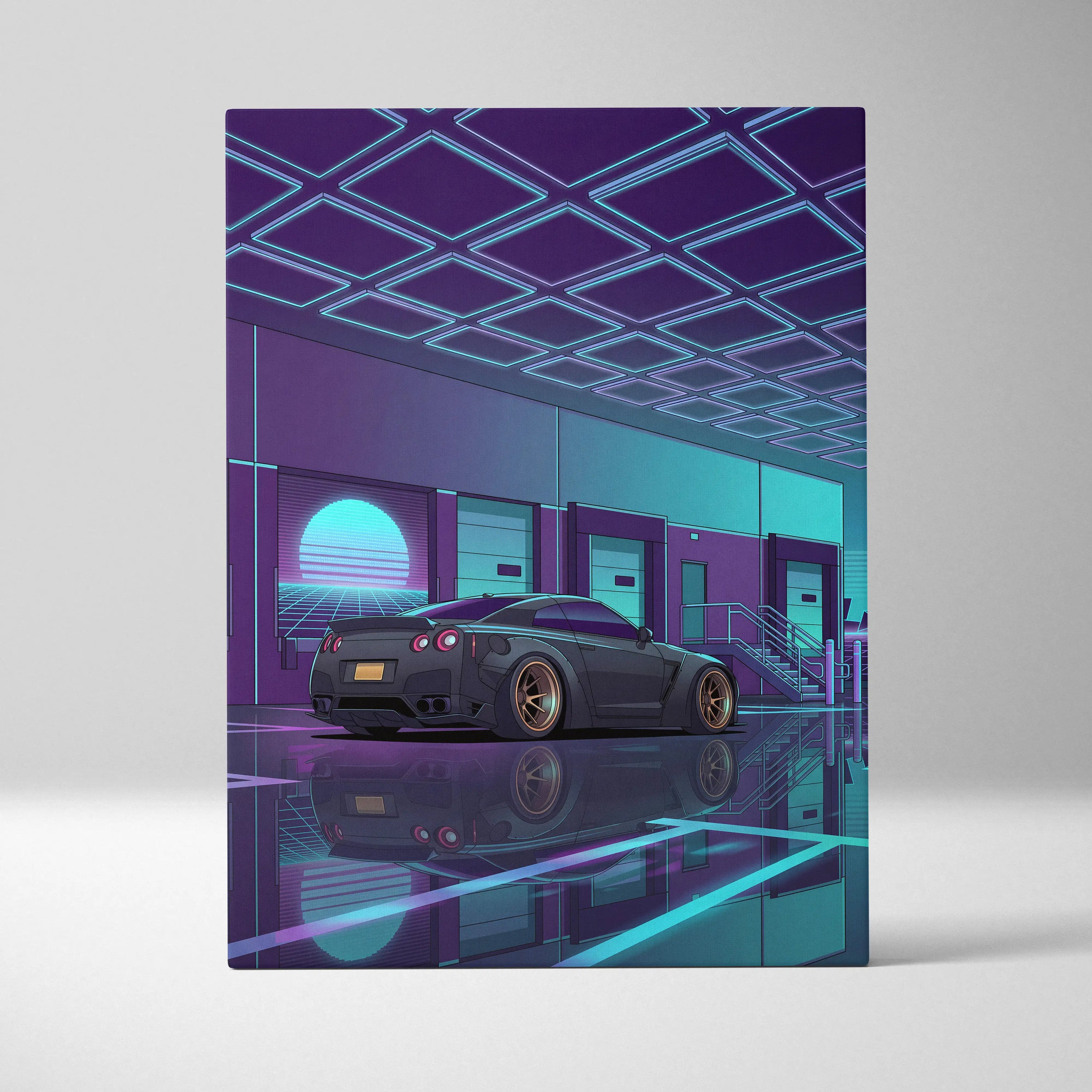 Nissan GT-R R35 Inspired Gray Teal Canvas Wall Art, Vaporwave JDM Supercar Artwork, Neon Garage Decor, Retro Futuristic Auto Print