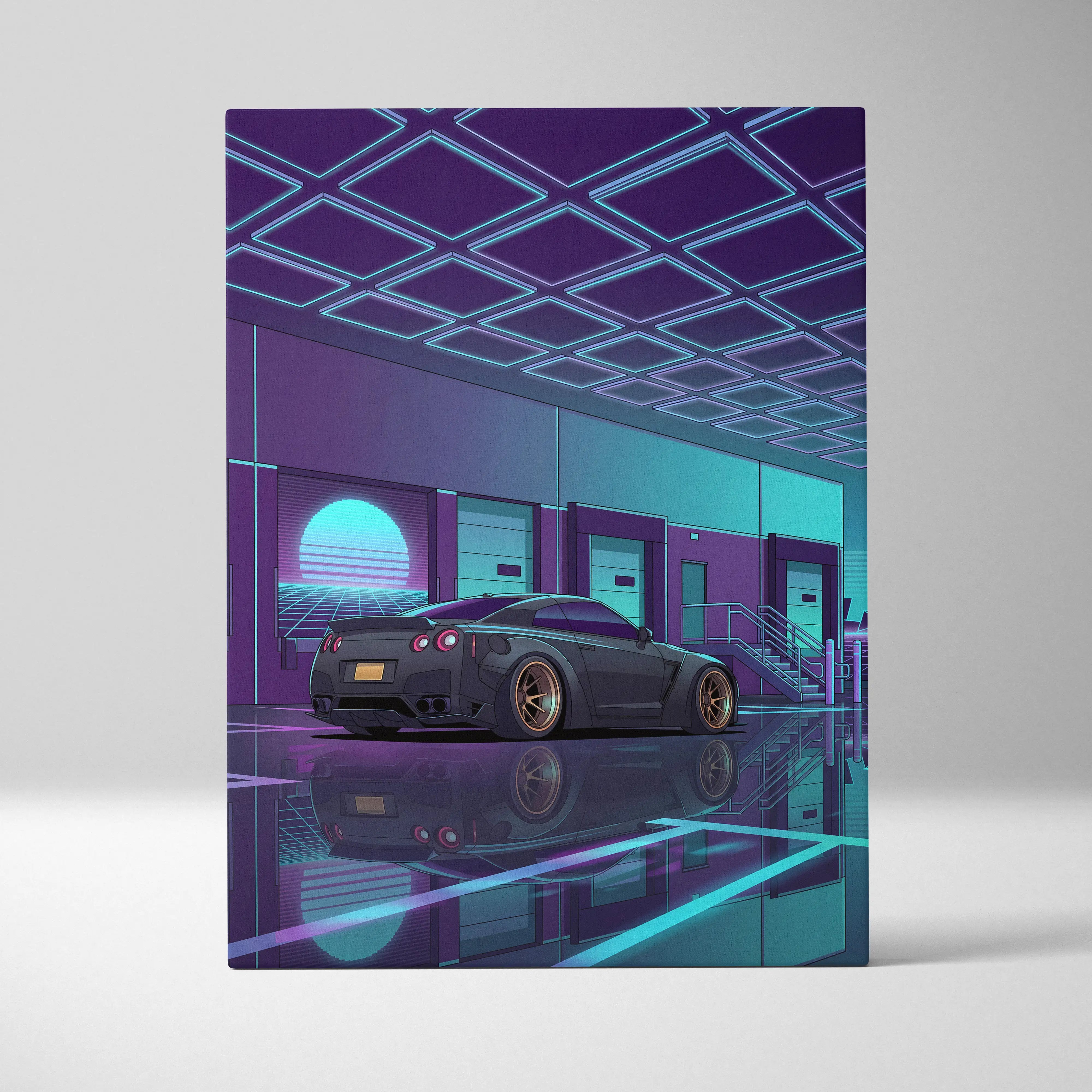 Nissan GT-R R35 Inspired Gray Teal Canvas Wall Art, Vaporwave JDM Supercar Artwork, Neon Garage Decor, Retro Futuristic Auto Print