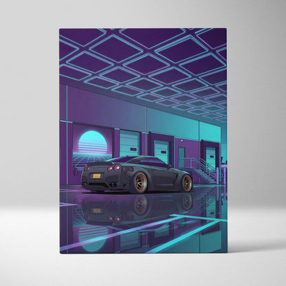 Nissan GT-R R35 Inspired Gray Teal Canvas Wall Art, Vaporwave JDM Supercar Artwork, Neon Garage Decor, Retro Futuristic Auto Print