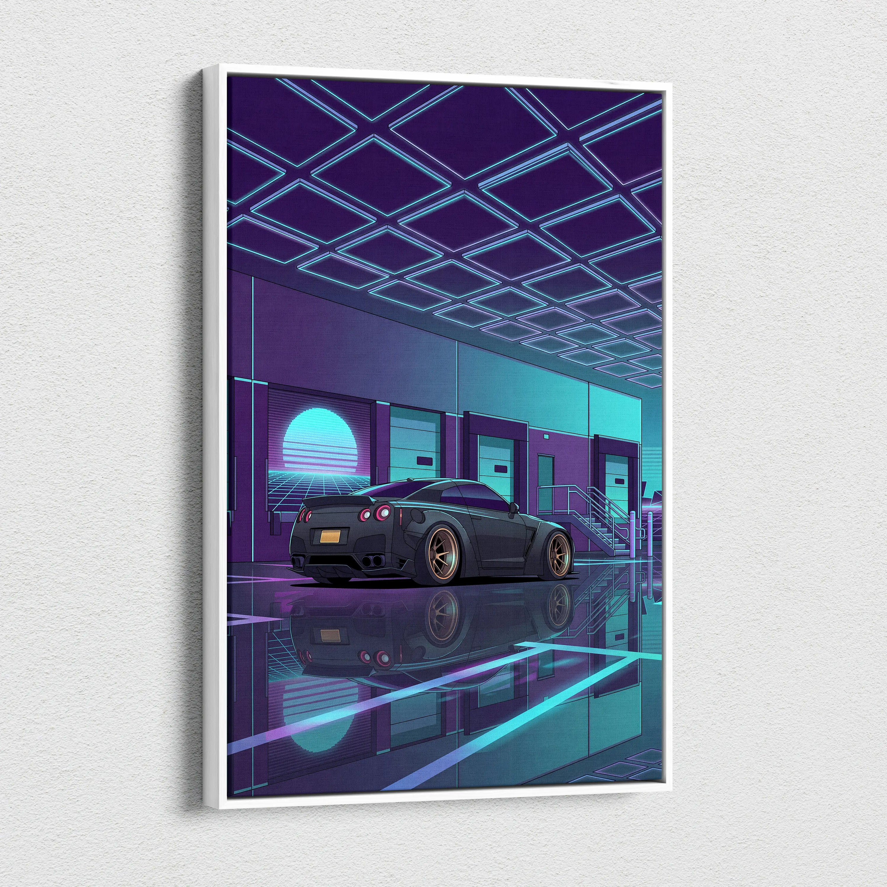 Nissan GT-R R35 Inspired Gray Teal Canvas Wall Art, Vaporwave JDM Supercar Artwork, Neon Garage Decor, Retro Futuristic Auto Print