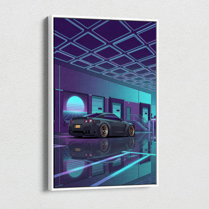 Nissan GT-R R35 Inspired Gray Teal Canvas Wall Art, Vaporwave JDM Supercar Artwork, Neon Garage Decor, Retro Futuristic Auto Print
