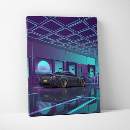 Nissan GT-R R35 Inspired Gray Teal Canvas Wall Art, Vaporwave JDM Supercar Artwork, Neon Garage Decor, Retro Futuristic Auto Print