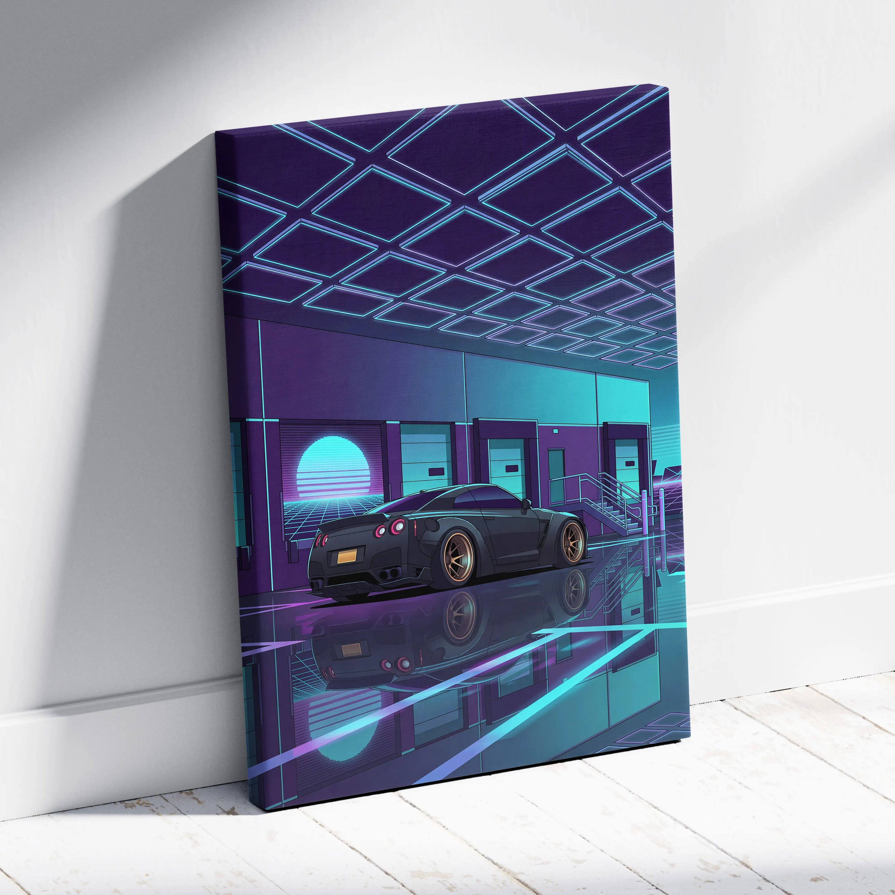 Nissan GT-R R35 Inspired Gray Teal Canvas Wall Art, Vaporwave JDM Supercar Artwork, Neon Garage Decor, Retro Futuristic Auto Print