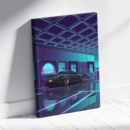 Nissan GT-R R35 Inspired Gray Teal Canvas Wall Art, Vaporwave JDM Supercar Artwork, Neon Garage Decor, Retro Futuristic Auto Print