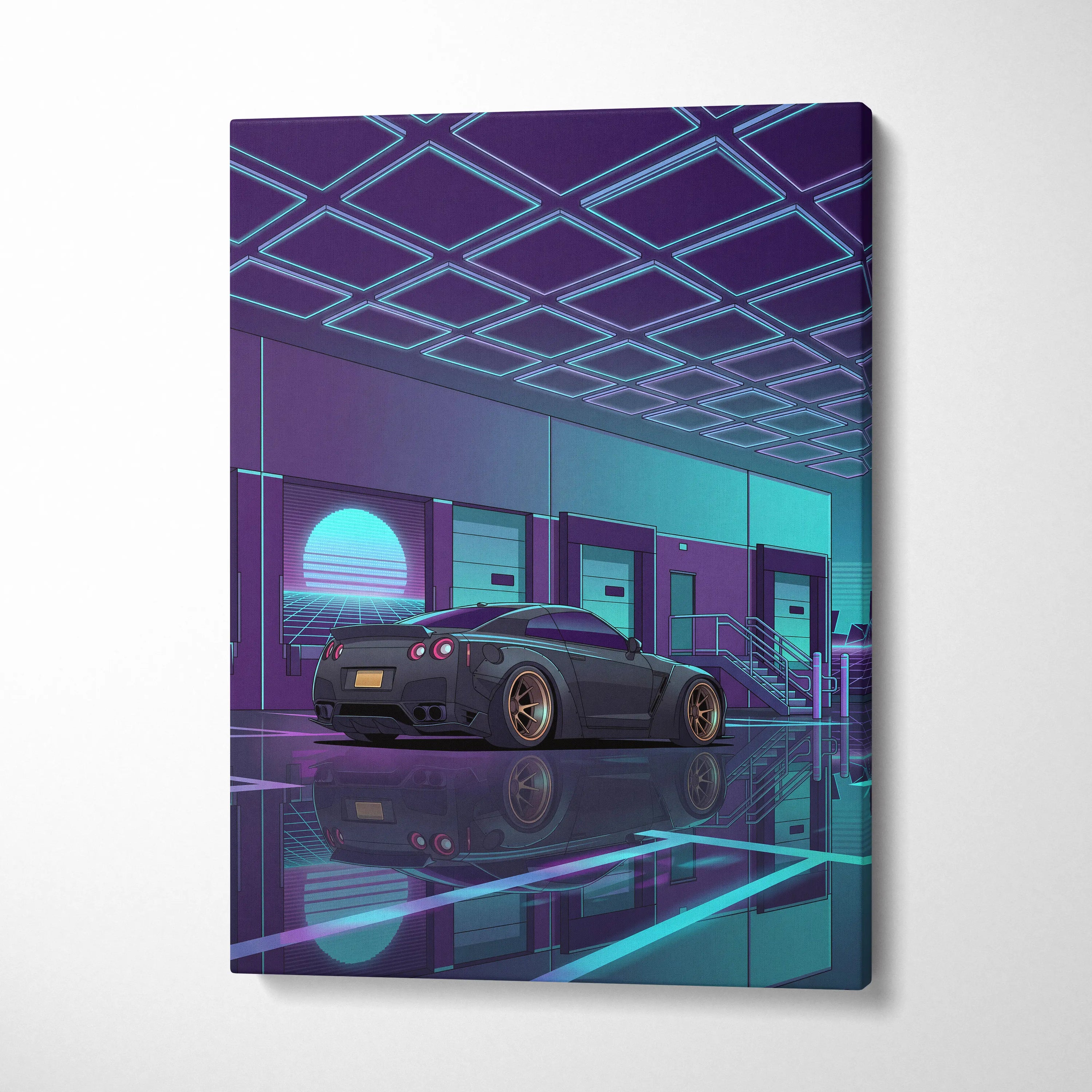 Nissan GT-R R35 Inspired Gray Teal Canvas Wall Art, Vaporwave JDM Supercar Artwork, Neon Garage Decor, Retro Futuristic Auto Print