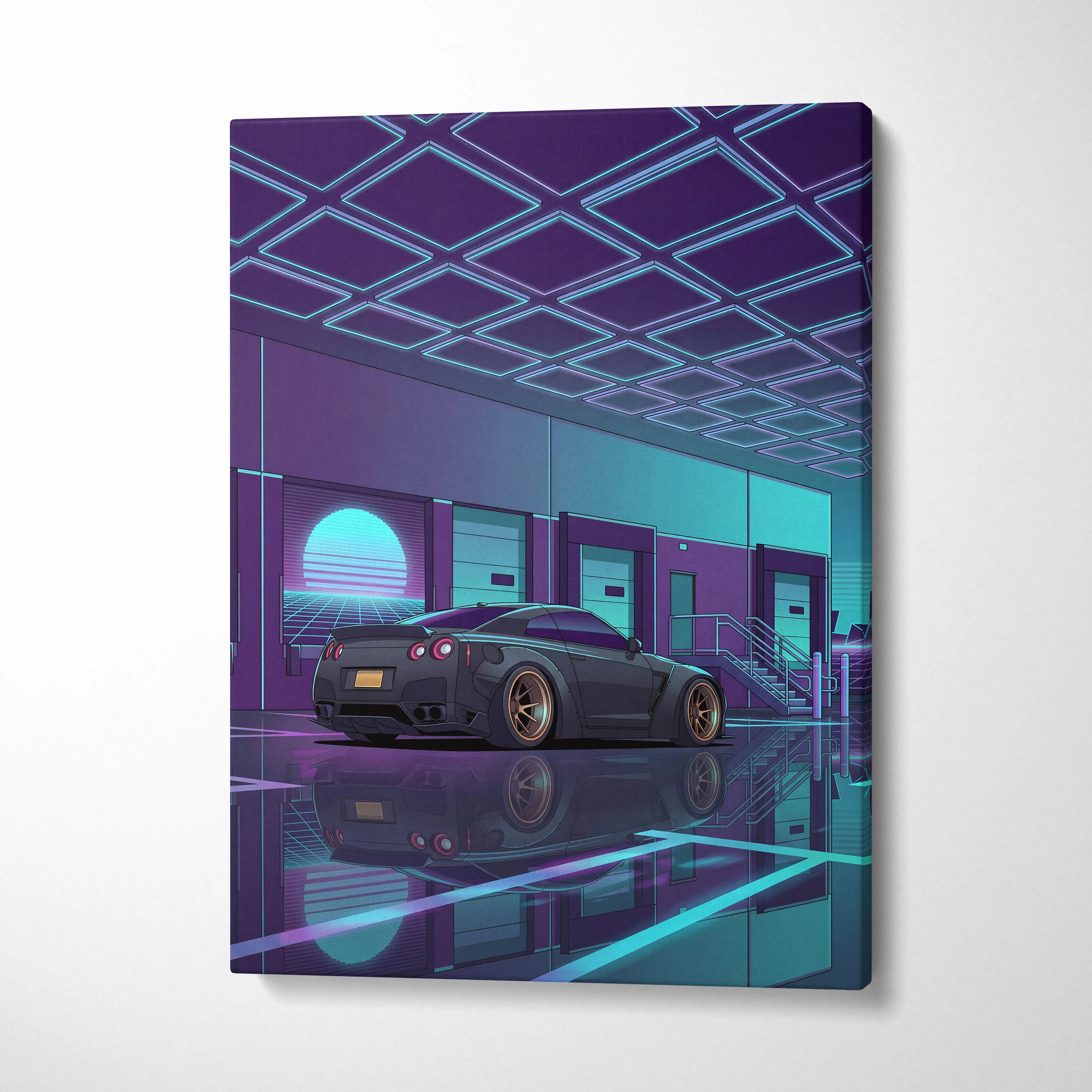 Nissan GT-R R35 Inspired Gray Teal Canvas Wall Art, Vaporwave JDM Supercar Artwork, Neon Garage Decor, Retro Futuristic Auto Print