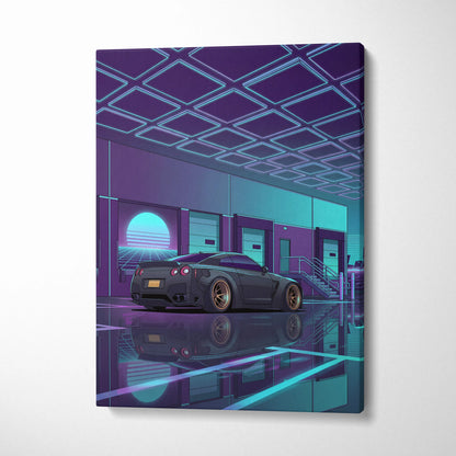 Nissan GT-R R35 Inspired Gray Teal Canvas Wall Art, Vaporwave JDM Supercar Artwork, Neon Garage Decor, Retro Futuristic Auto Print