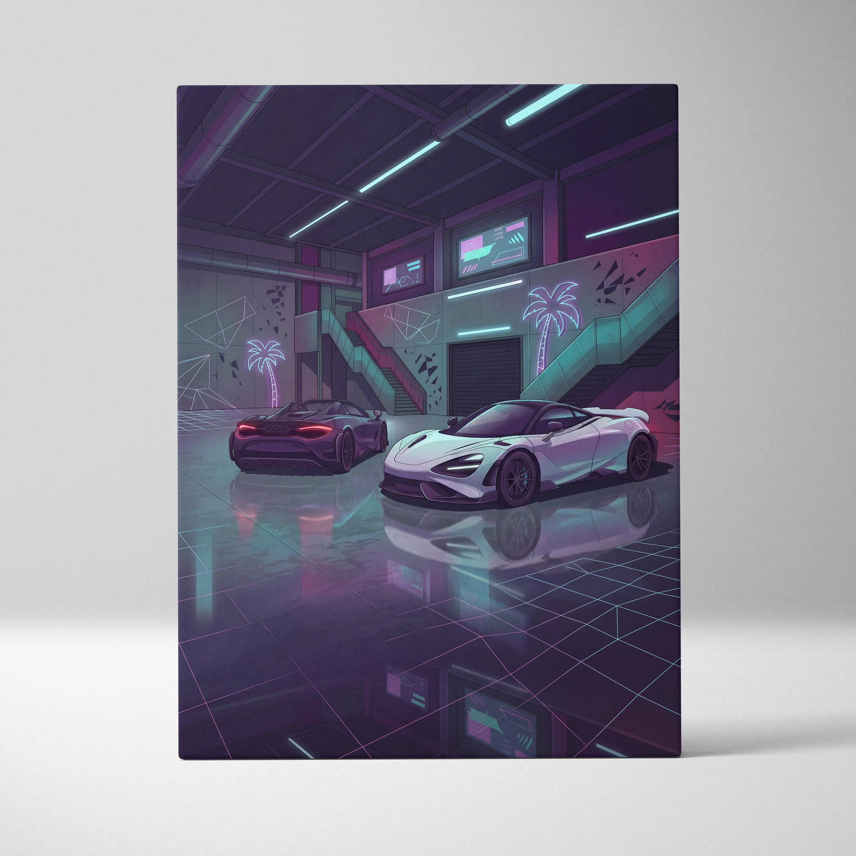 McLaren 720S Inspired White Purple Canvas Wall Art, Neon Vaporwave Supercar Artwork for Garage Decor