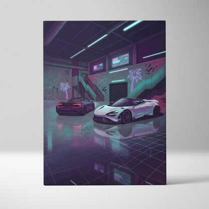 McLaren 720S Inspired White Purple Canvas Wall Art, Neon Vaporwave Supercar Artwork for Garage Decor