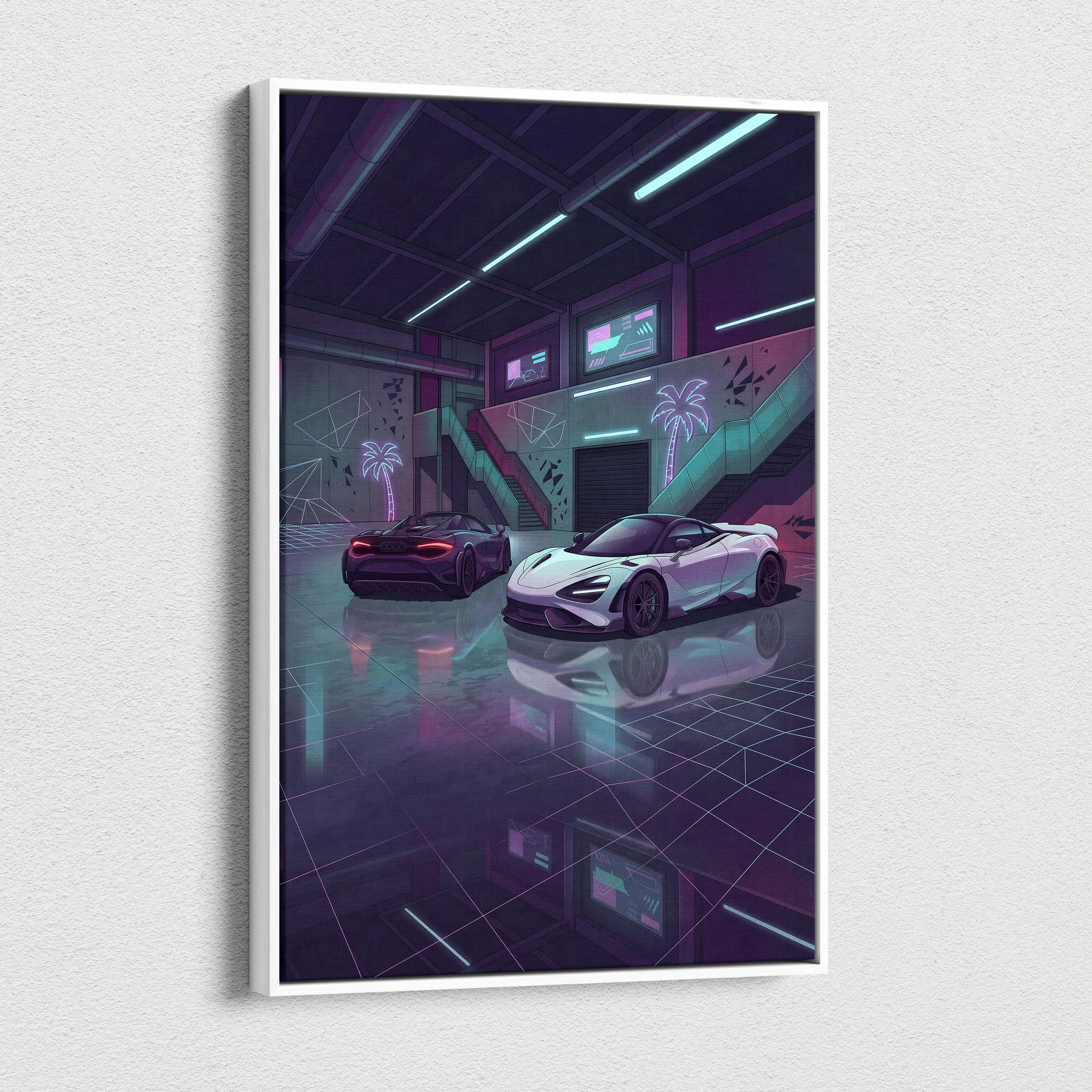 McLaren 720S Inspired White Purple Canvas Wall Art, Neon Vaporwave Supercar Artwork for Garage Decor