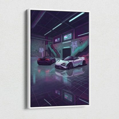 McLaren 720S Inspired White Purple Canvas Wall Art, Neon Vaporwave Supercar Artwork for Garage Decor