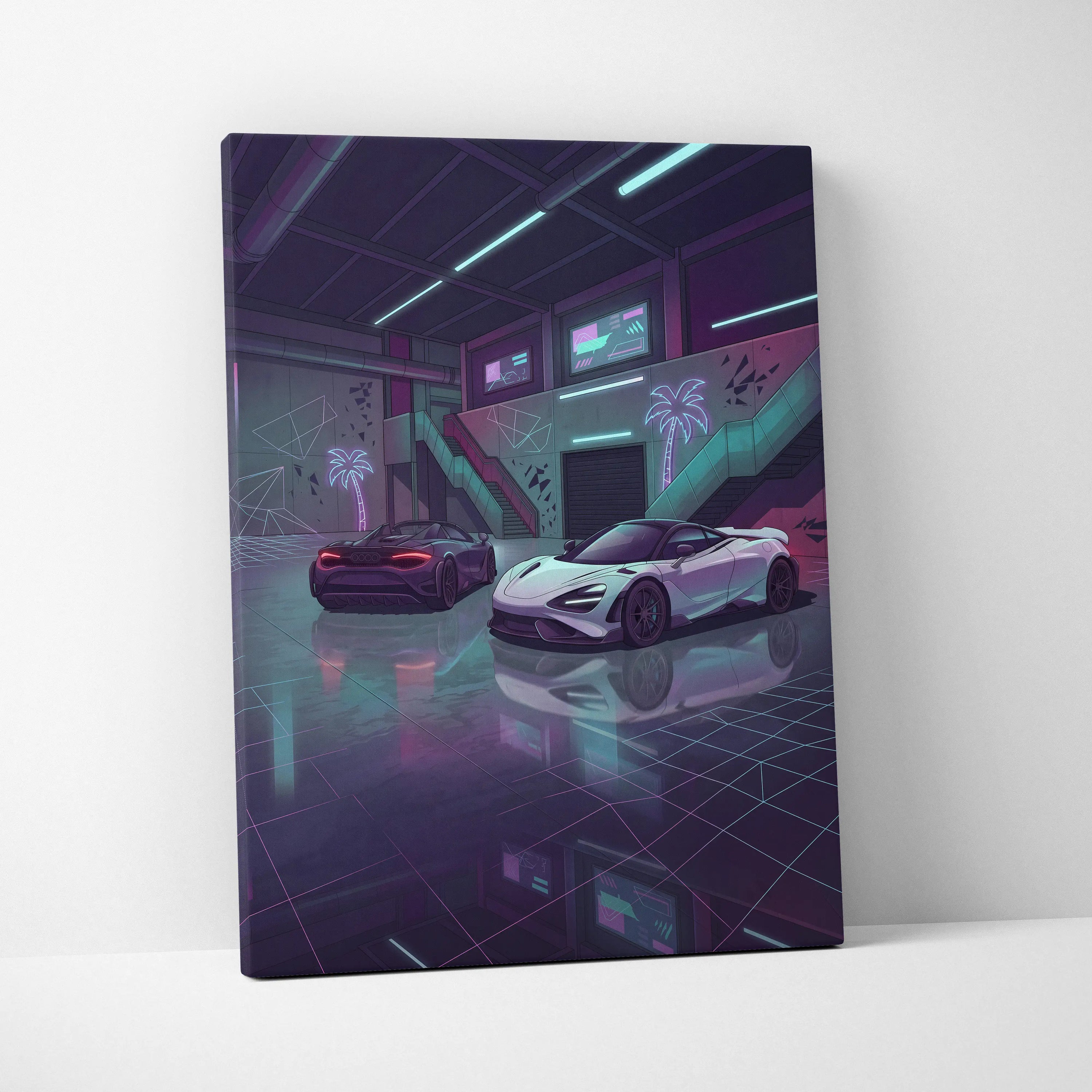 McLaren 720S Inspired White Purple Canvas Wall Art, Neon Vaporwave Supercar Artwork for Garage Decor