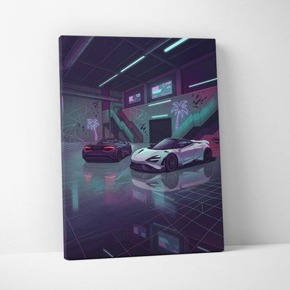 McLaren 720S Inspired White Purple Canvas Wall Art, Neon Vaporwave Supercar Artwork for Garage Decor