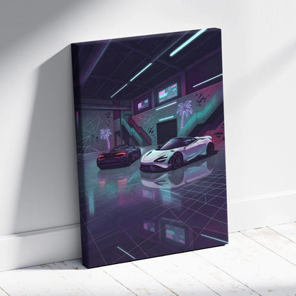McLaren 720S Inspired White Purple Canvas Wall Art, Neon Vaporwave Supercar Artwork for Garage Decor