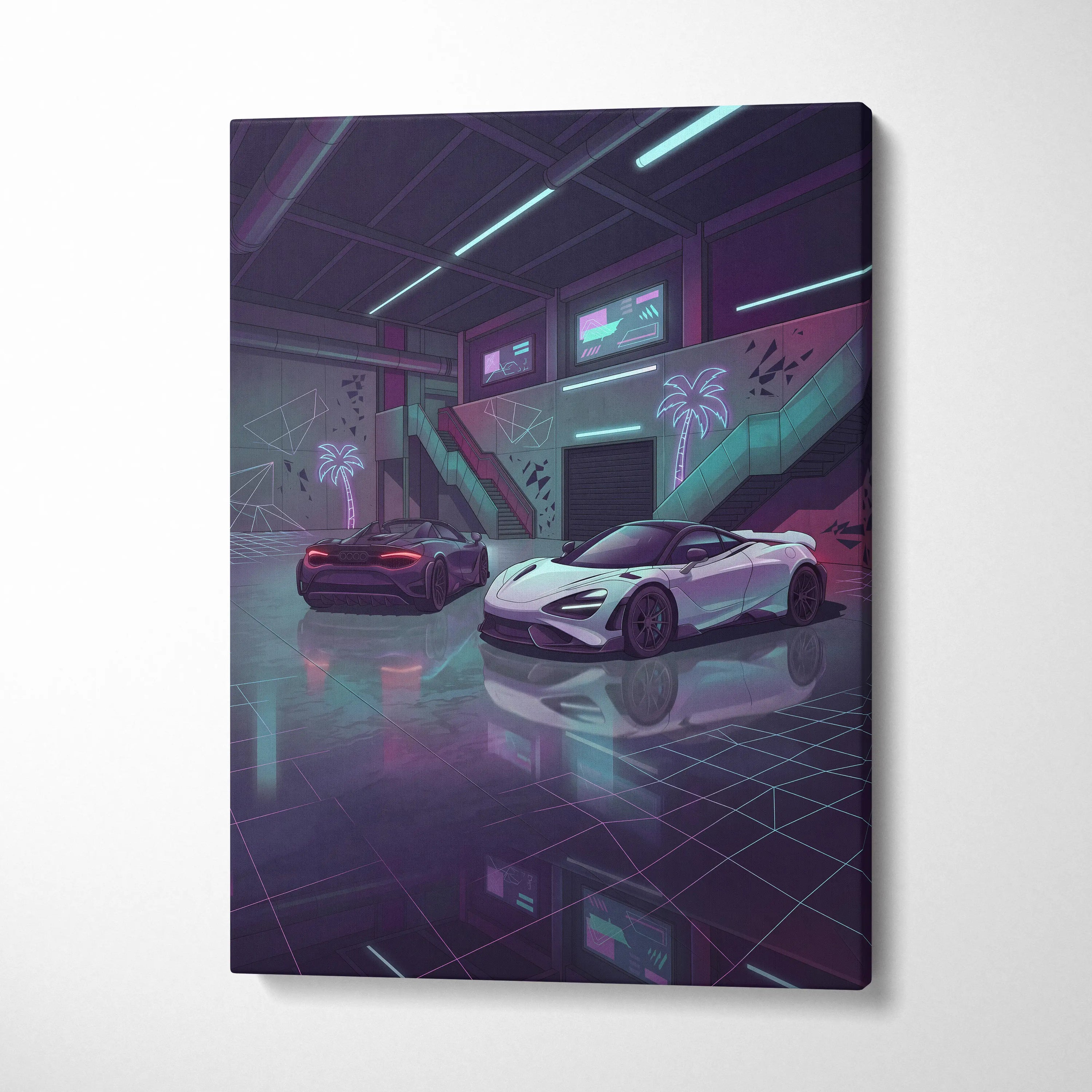 McLaren 720S Inspired White Purple Canvas Wall Art, Neon Vaporwave Supercar Artwork for Garage Decor