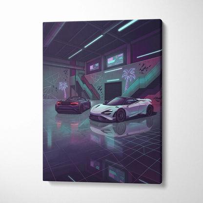 McLaren 720S Inspired White Purple Canvas Wall Art, Neon Vaporwave Supercar Artwork for Garage Decor