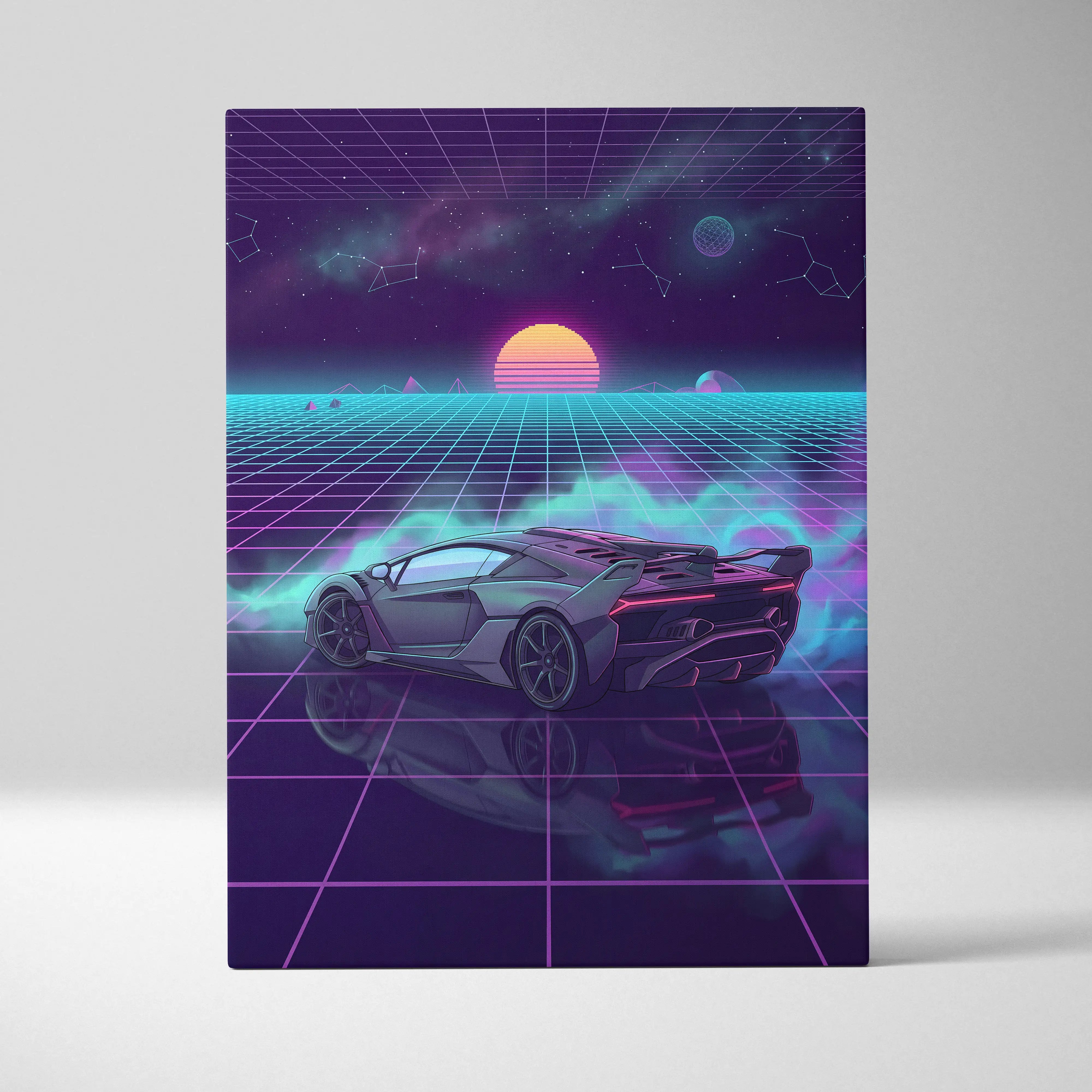 Lamborghini SC18 Inspired Silver Purple Canvas Wall Art, Vaporwave Exotic Auto Artwork, Neon Grid Garage Decor, Retro Futuristic Print