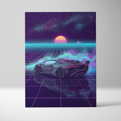 Lamborghini SC18 Inspired Silver Purple Canvas Wall Art, Vaporwave Exotic Auto Artwork, Neon Grid Garage Decor, Retro Futuristic Print