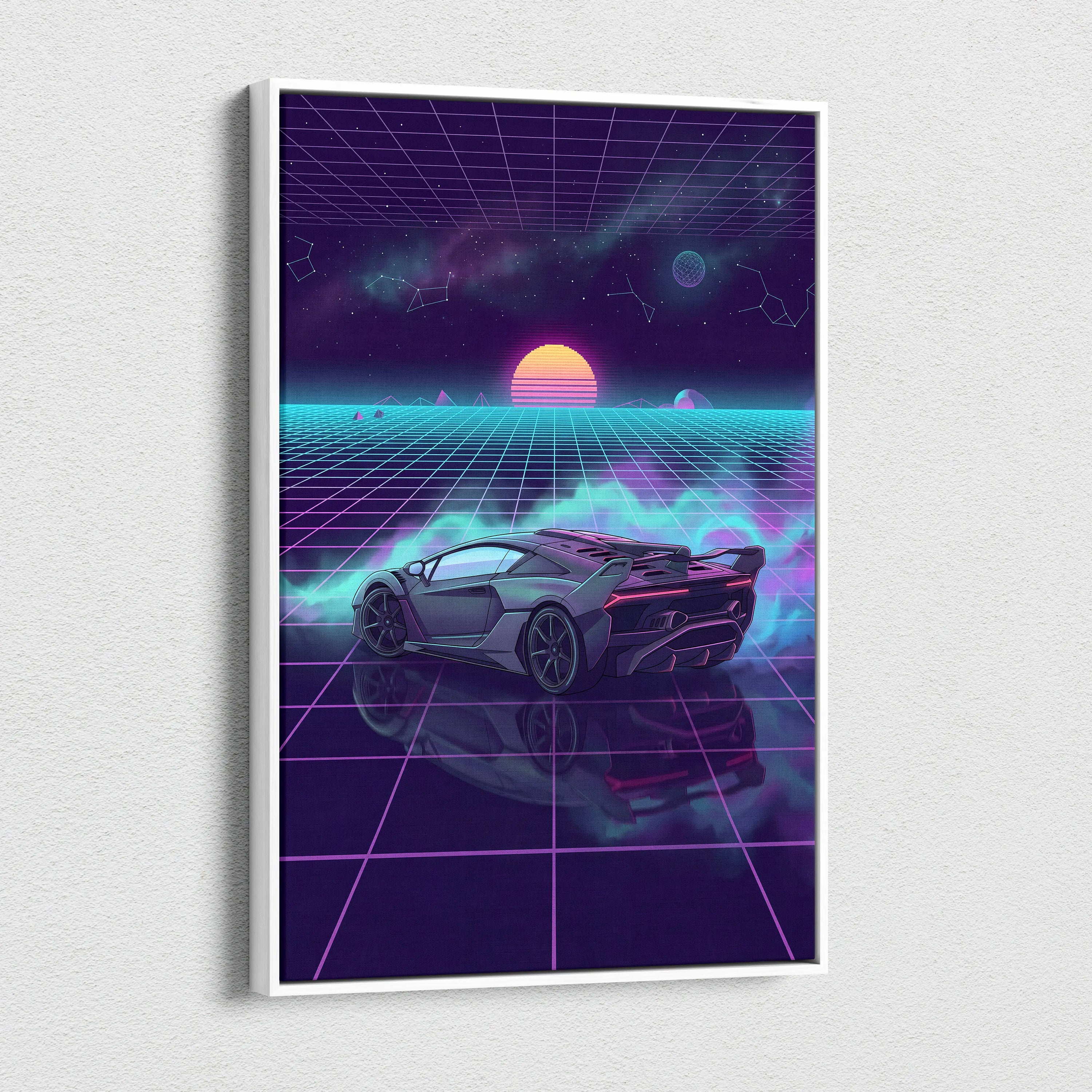 Lamborghini SC18 Inspired Silver Purple Canvas Wall Art, Vaporwave Exotic Auto Artwork, Neon Grid Garage Decor, Retro Futuristic Print