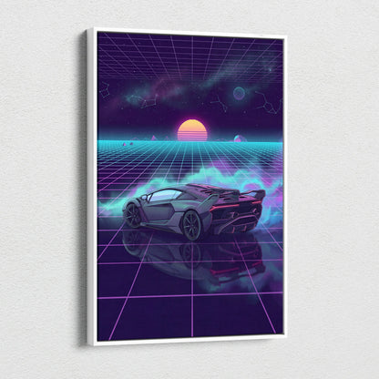 Lamborghini SC18 Inspired Silver Purple Canvas Wall Art, Vaporwave Exotic Auto Artwork, Neon Grid Garage Decor, Retro Futuristic Print
