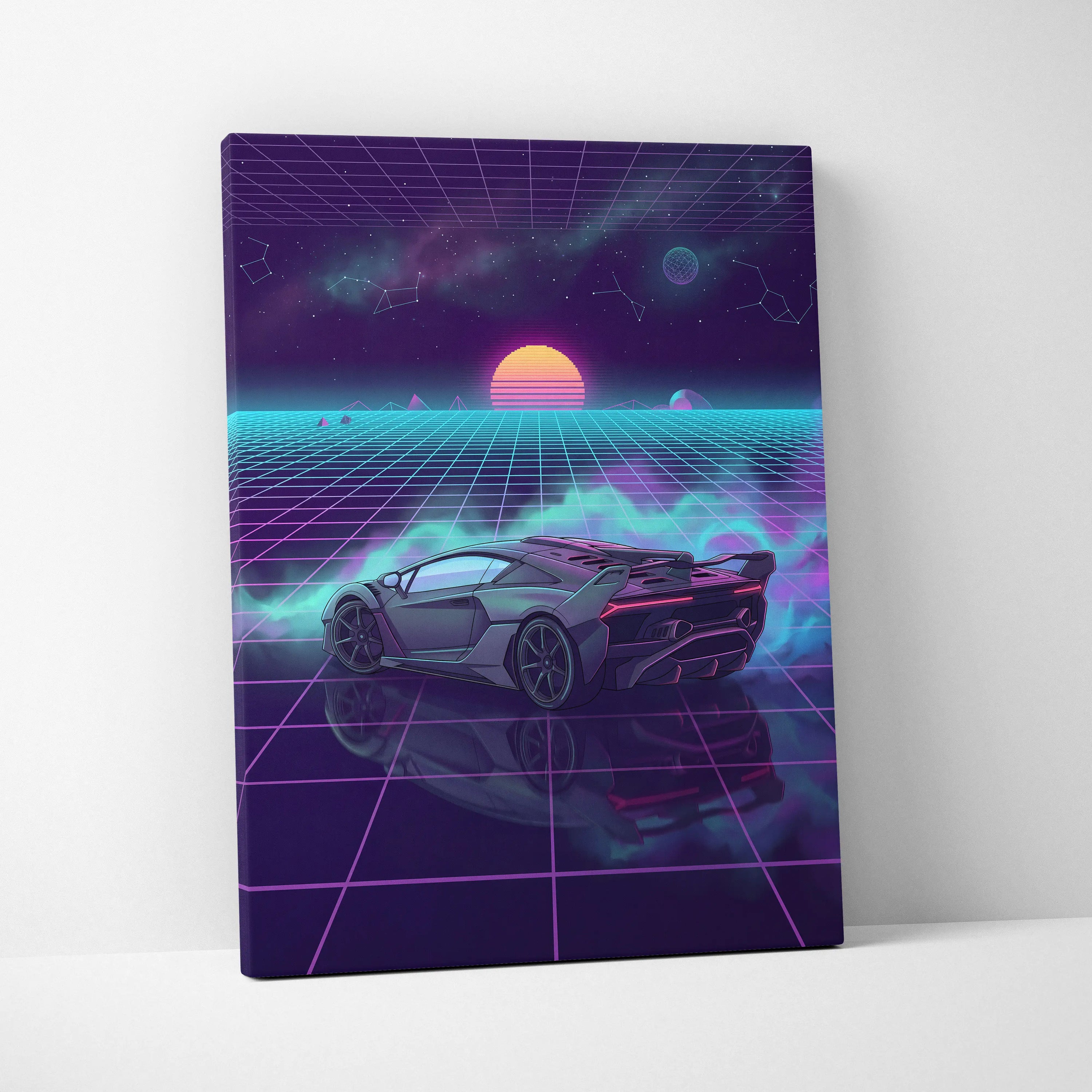 Lamborghini SC18 Inspired Silver Purple Canvas Wall Art, Vaporwave Exotic Auto Artwork, Neon Grid Garage Decor, Retro Futuristic Print