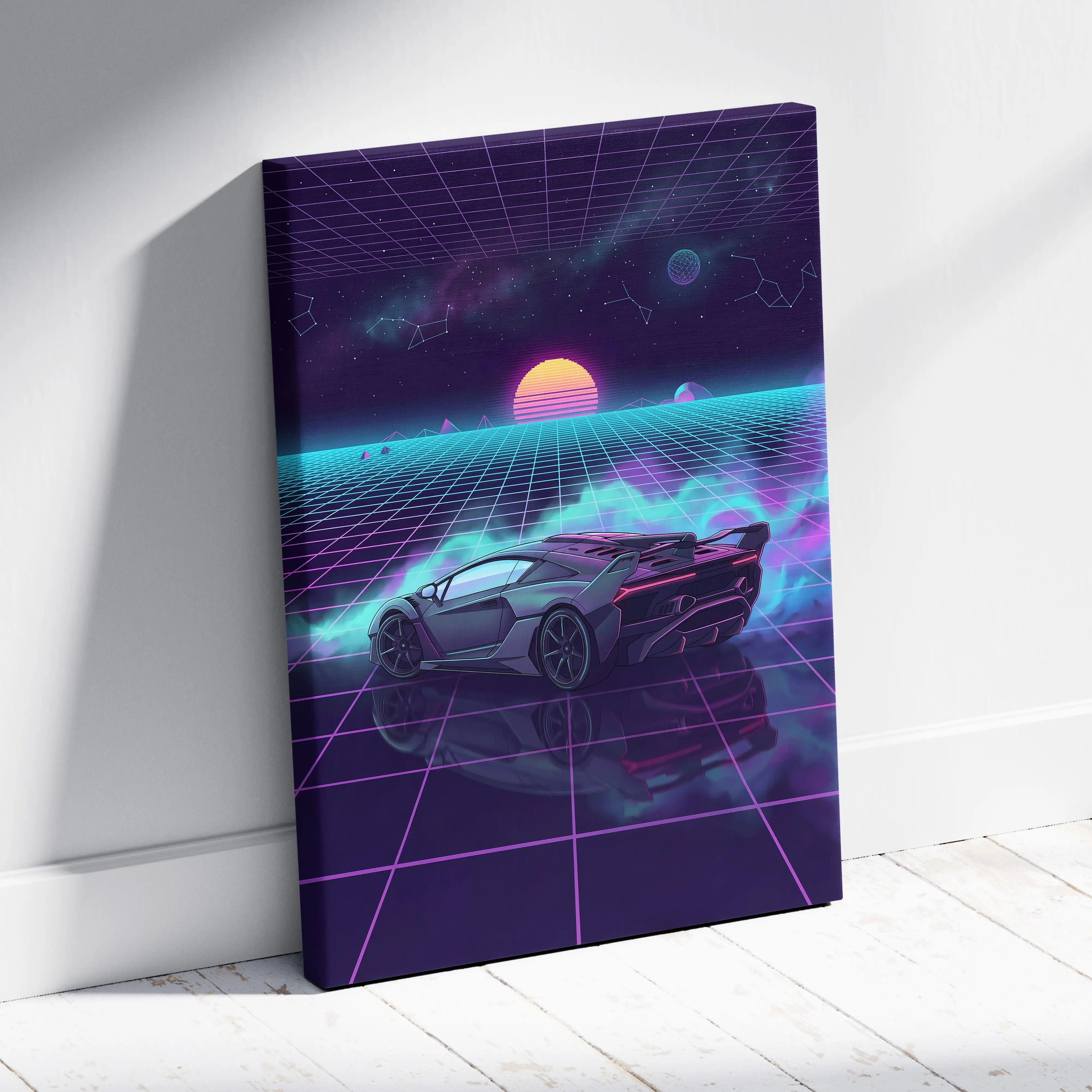 Lamborghini SC18 Inspired Silver Purple Canvas Wall Art, Vaporwave Exotic Auto Artwork, Neon Grid Garage Decor, Retro Futuristic Print
