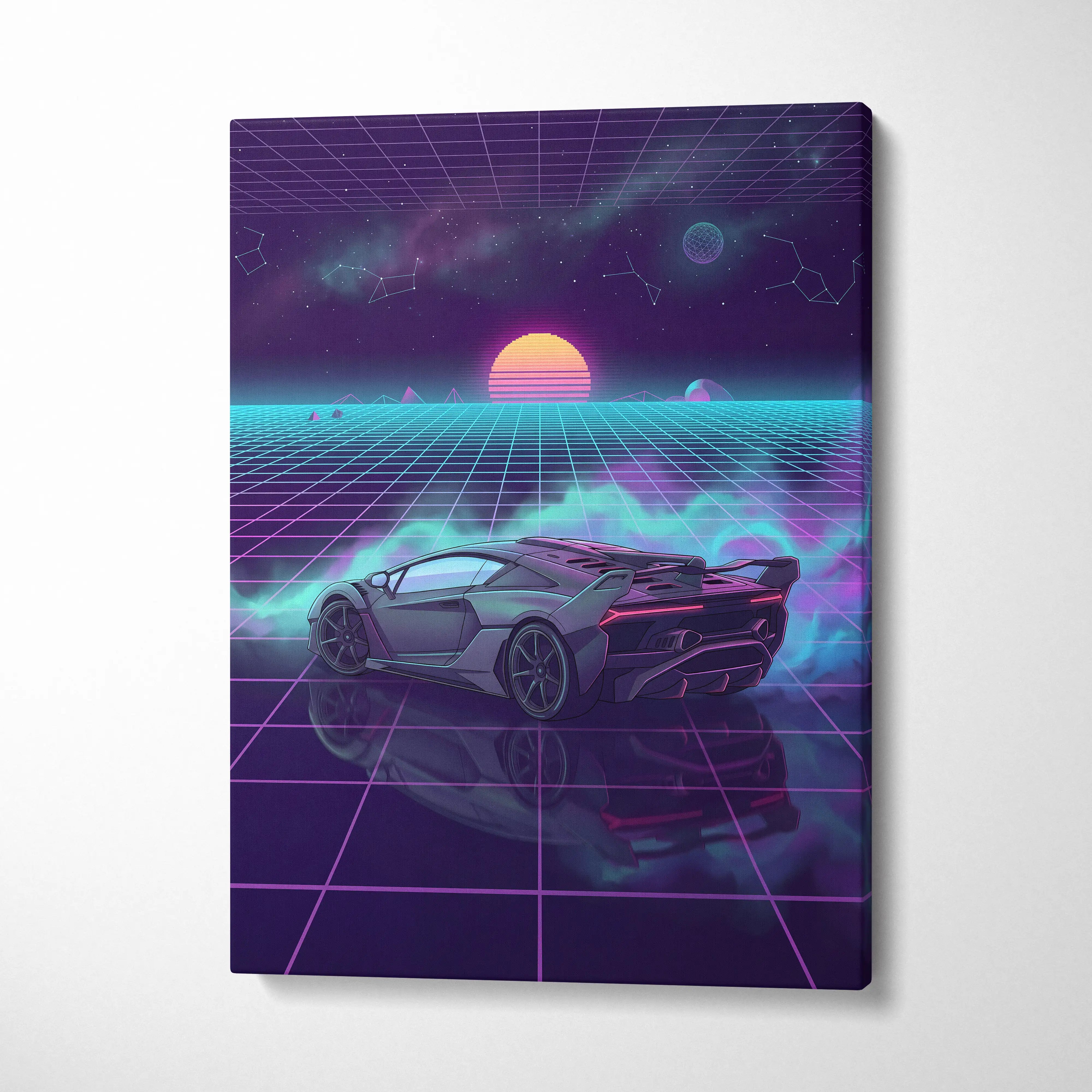 Lamborghini SC18 Inspired Silver Purple Canvas Wall Art, Vaporwave Exotic Auto Artwork, Neon Grid Garage Decor, Retro Futuristic Print