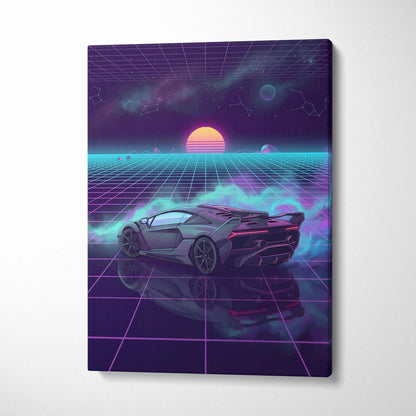 Lamborghini SC18 Inspired Silver Purple Canvas Wall Art, Vaporwave Exotic Auto Artwork, Neon Grid Garage Decor, Retro Futuristic Print