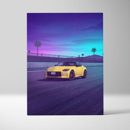 Nissan Z Inspired Yellow Purple Canvas Wall Art, Vaporwave JDM Sports Car Artwork, Neon Palm Highway Decor, Retro Futuristic Auto Print