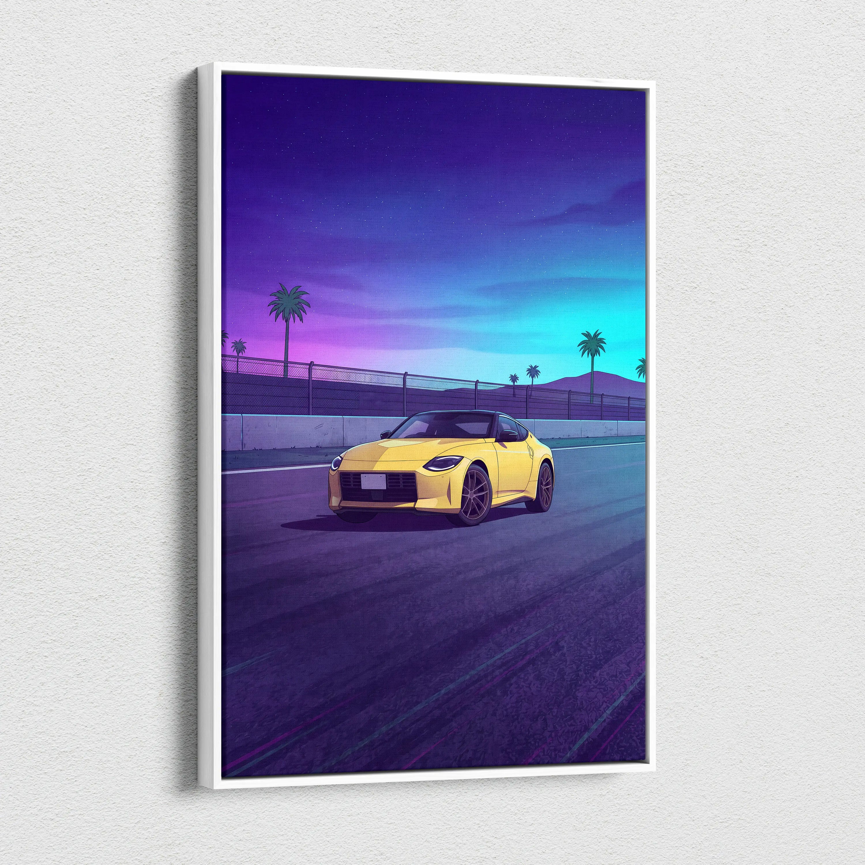Nissan Z Inspired Yellow Purple Canvas Wall Art, Vaporwave JDM Sports Car Artwork, Neon Palm Highway Decor, Retro Futuristic Auto Print