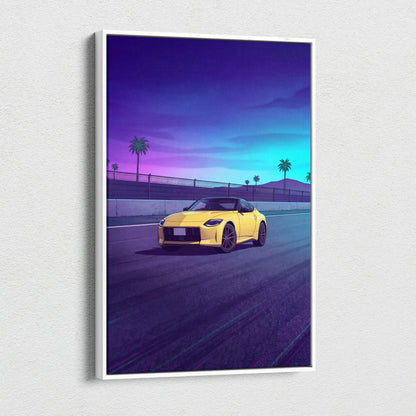 Nissan Z Inspired Yellow Purple Canvas Wall Art, Vaporwave JDM Sports Car Artwork, Neon Palm Highway Decor, Retro Futuristic Auto Print
