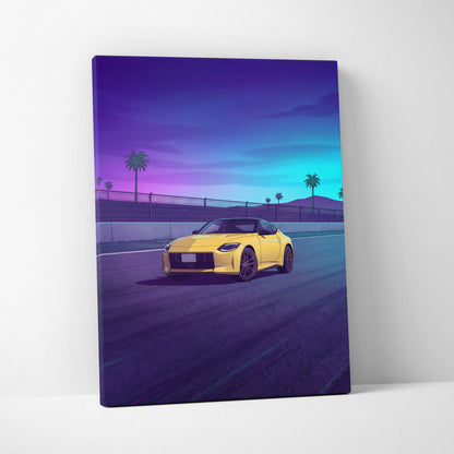 Nissan Z Inspired Yellow Purple Canvas Wall Art, Vaporwave JDM Sports Car Artwork, Neon Palm Highway Decor, Retro Futuristic Auto Print
