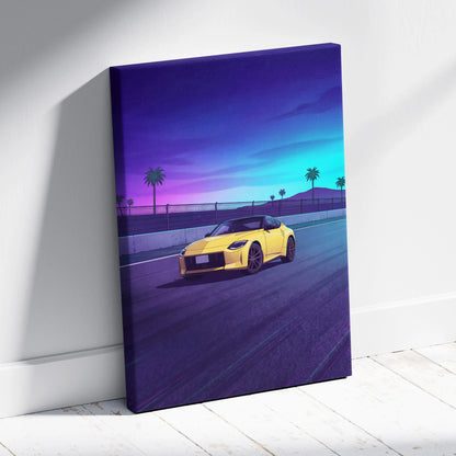 Nissan Z Inspired Yellow Purple Canvas Wall Art, Vaporwave JDM Sports Car Artwork, Neon Palm Highway Decor, Retro Futuristic Auto Print