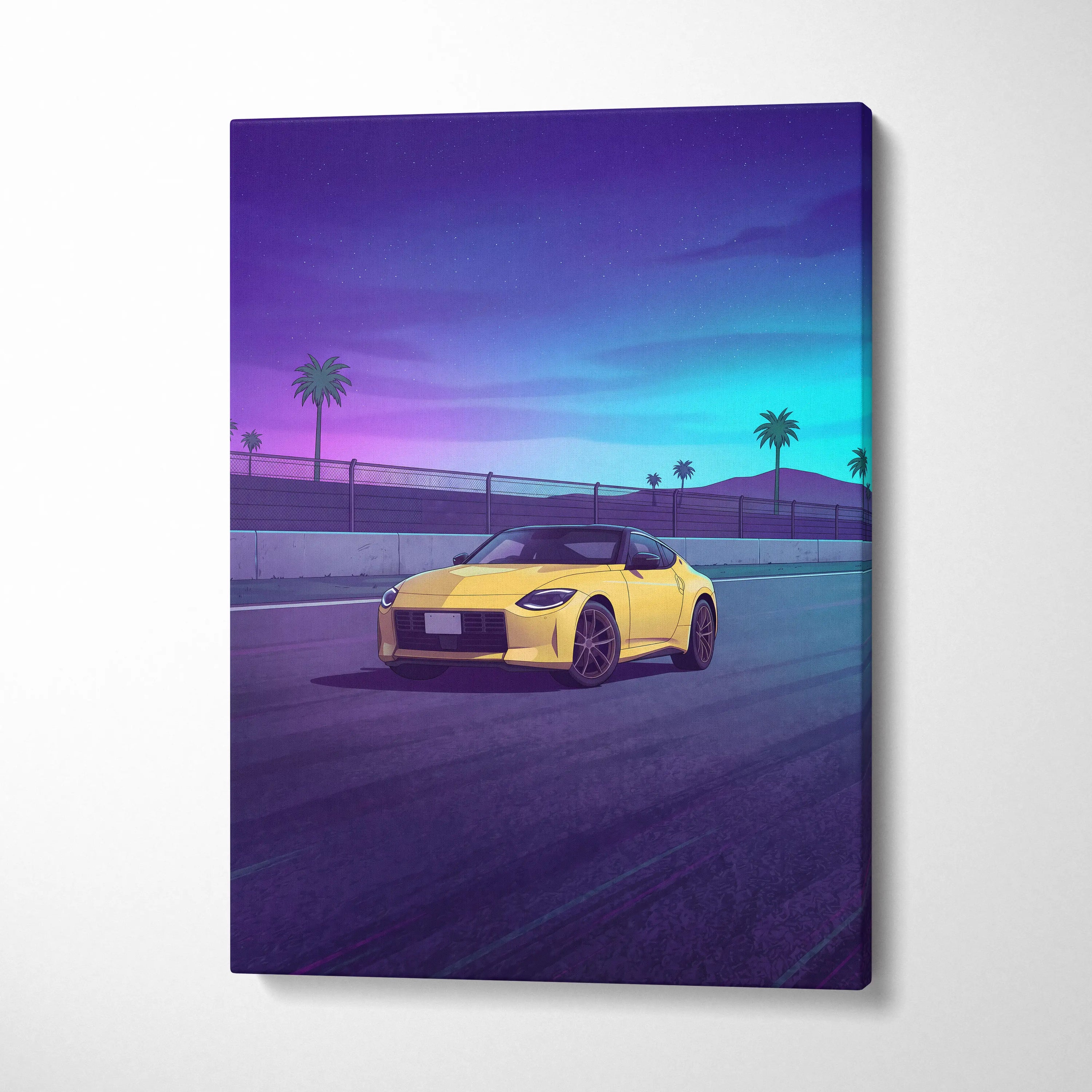 Nissan Z Inspired Yellow Purple Canvas Wall Art, Vaporwave JDM Sports Car Artwork, Neon Palm Highway Decor, Retro Futuristic Auto Print