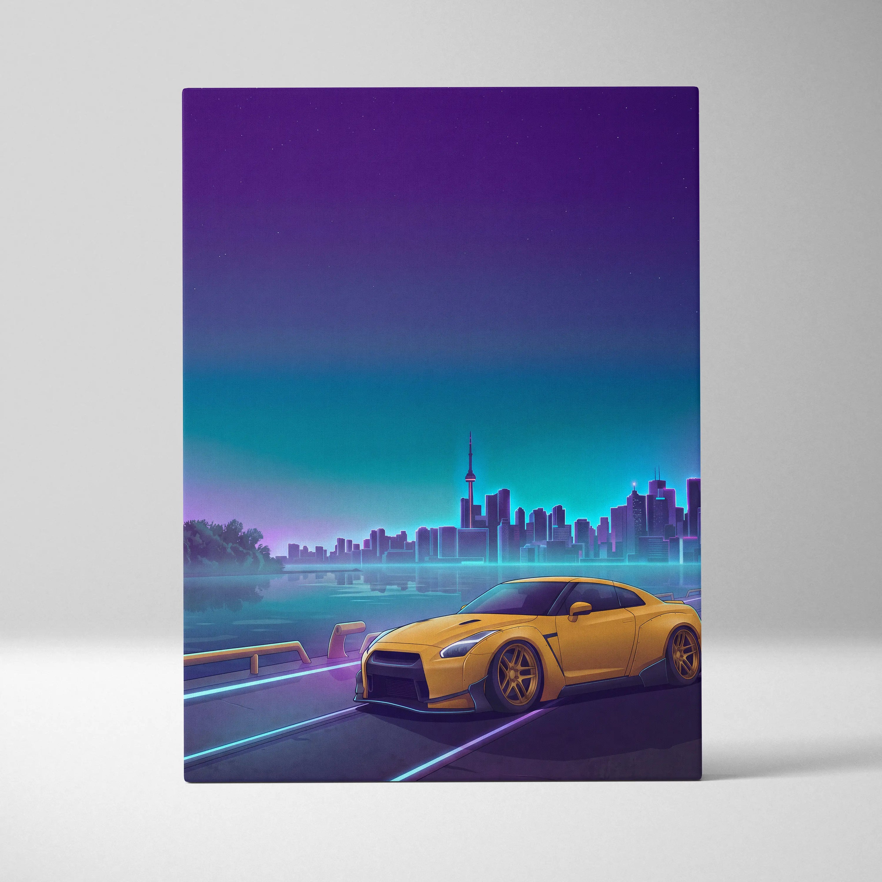 Nissan GT-R R35 Inspired Yellow Teal Canvas Wall Art Vaporwave JDM Supercar Artwork Neon Skyline Garage Decor Retro Futuristic Night Print