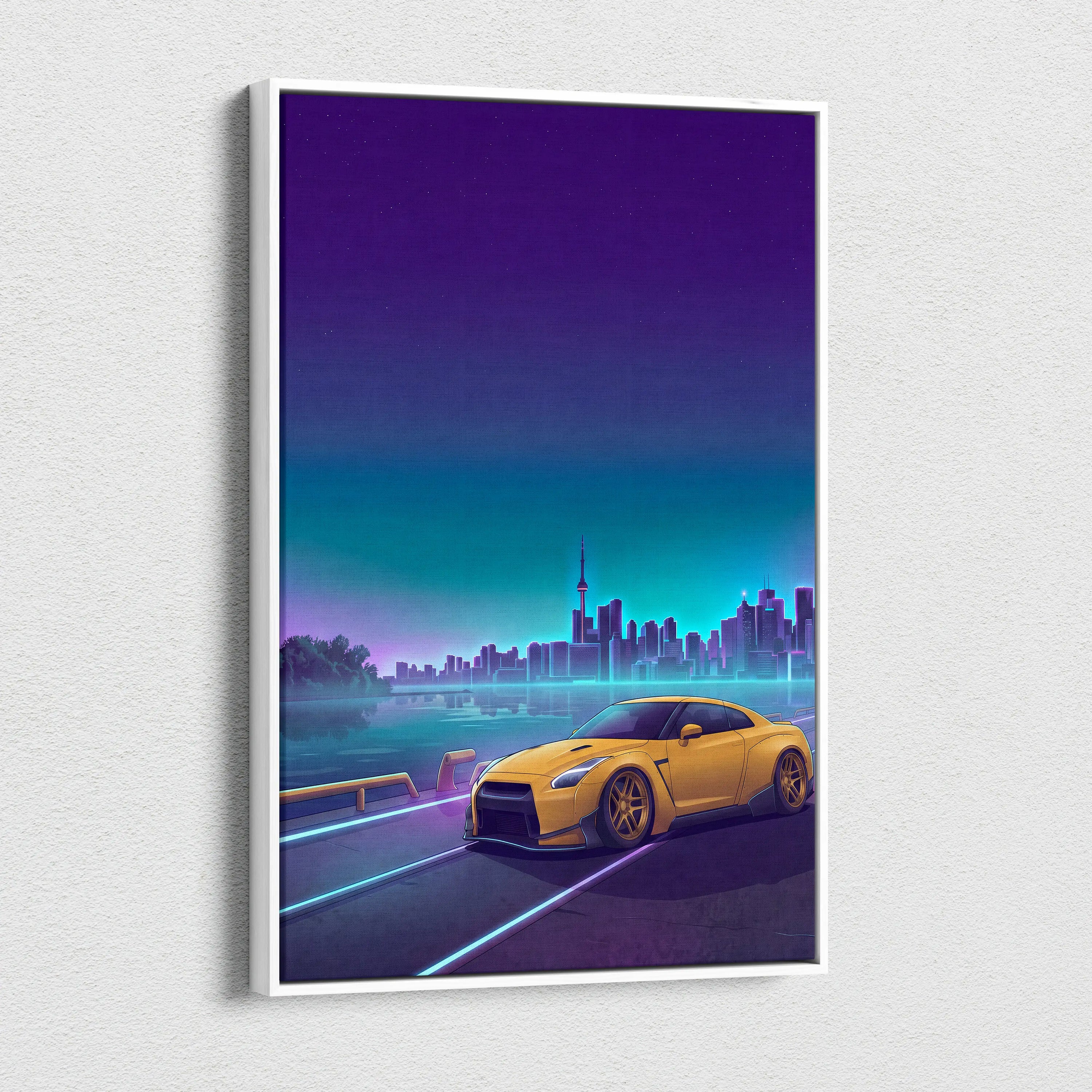 Nissan GT-R R35 Inspired Yellow Teal Canvas Wall Art Vaporwave JDM Supercar Artwork Neon Skyline Garage Decor Retro Futuristic Night Print