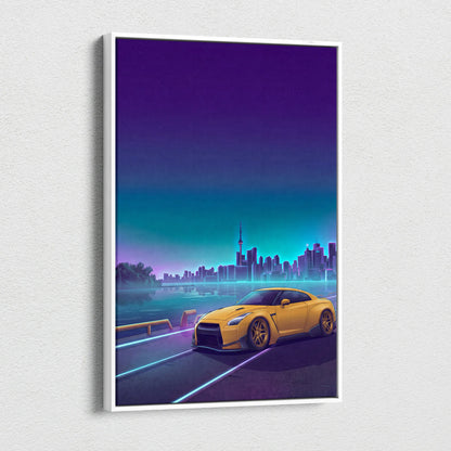 Nissan GT-R R35 Inspired Yellow Teal Canvas Wall Art Vaporwave JDM Supercar Artwork Neon Skyline Garage Decor Retro Futuristic Night Print