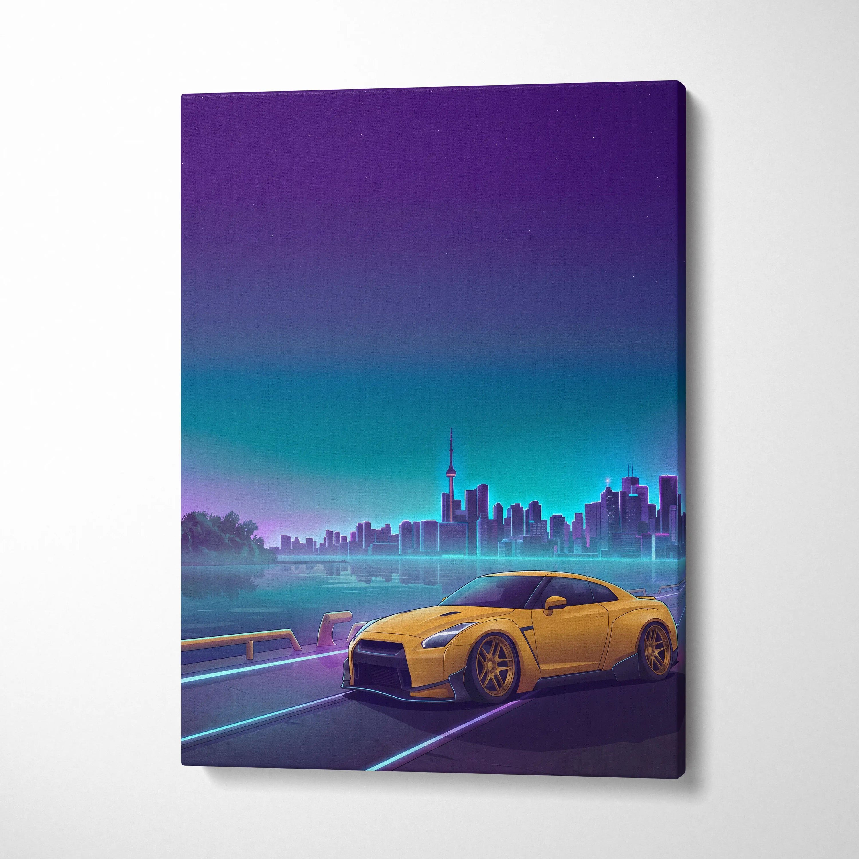 Nissan GT-R R35 Inspired Yellow Teal Canvas Wall Art Vaporwave JDM Supercar Artwork Neon Skyline Garage Decor Retro Futuristic Night Print