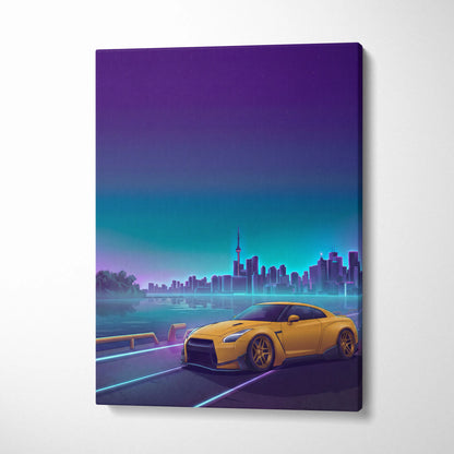 Nissan GT-R R35 Inspired Yellow Teal Canvas Wall Art Vaporwave JDM Supercar Artwork Neon Skyline Garage Decor Retro Futuristic Night Print