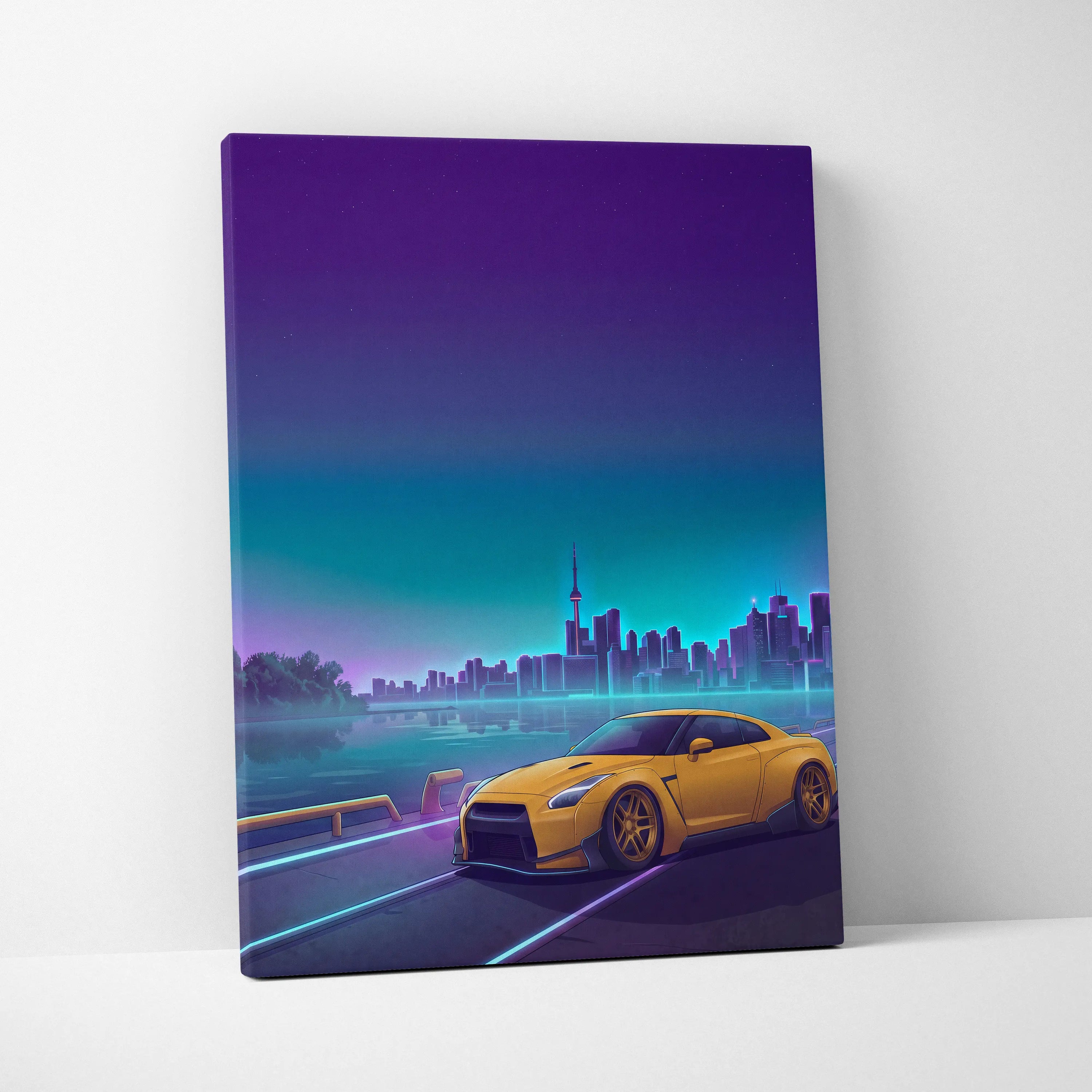 Nissan GT-R R35 Inspired Yellow Teal Canvas Wall Art Vaporwave JDM Supercar Artwork Neon Skyline Garage Decor Retro Futuristic Night Print
