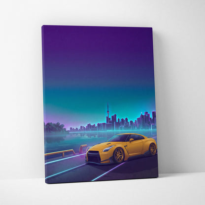 Nissan GT-R R35 Inspired Yellow Teal Canvas Wall Art Vaporwave JDM Supercar Artwork Neon Skyline Garage Decor Retro Futuristic Night Print