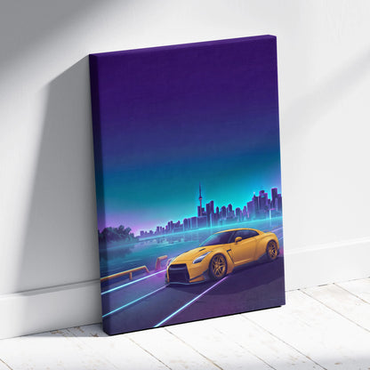 Nissan GT-R R35 Inspired Yellow Teal Canvas Wall Art Vaporwave JDM Supercar Artwork Neon Skyline Garage Decor Retro Futuristic Night Print