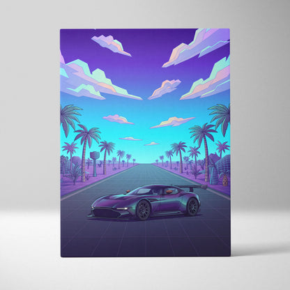 Aston Martin Vulcan Inspired Black Purple Canvas Wall Art Vaporwave Hypercar Artwork Neon Palm Road Garage Decor Retro Futuristic Sunset Print