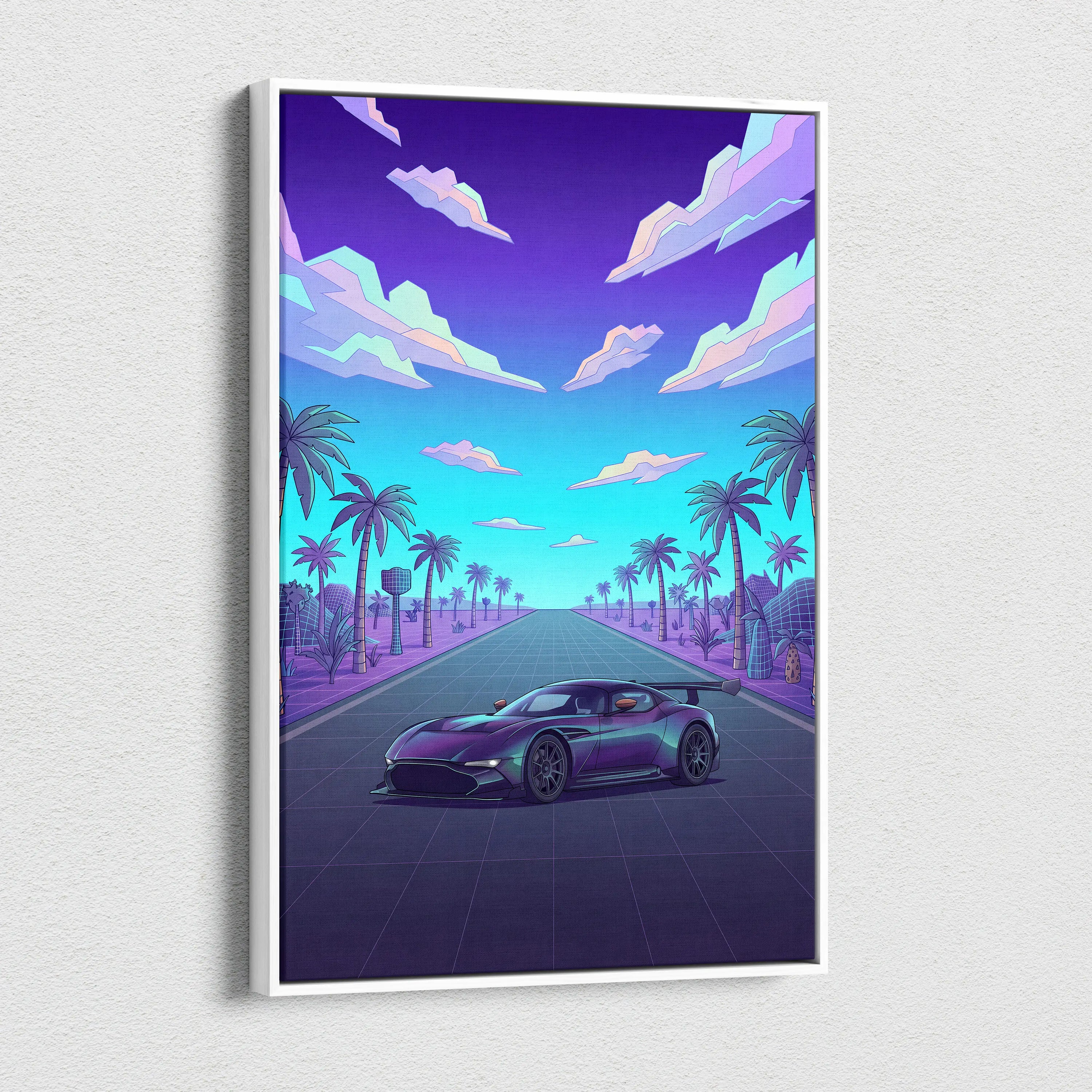 Aston Martin Vulcan Inspired Black Purple Canvas Wall Art Vaporwave Hypercar Artwork Neon Palm Road Garage Decor Retro Futuristic Sunset Print